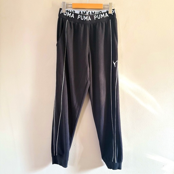 Puma Lightweight Black Sweatpants w White Trim & Bold PUMA Waist Band - Picture 1 of 15